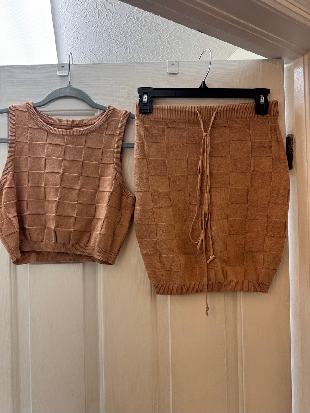 Knit Checkerboard Drawstring Skirt - Tan